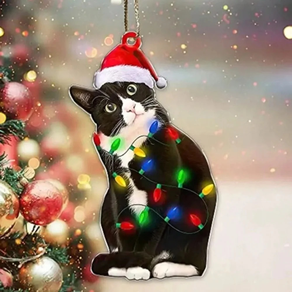 Black white tuxedo cat with Christmas lights Santa hat acrylic tree ornament